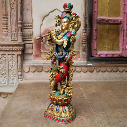 Brass Krishna Statue Stone Work