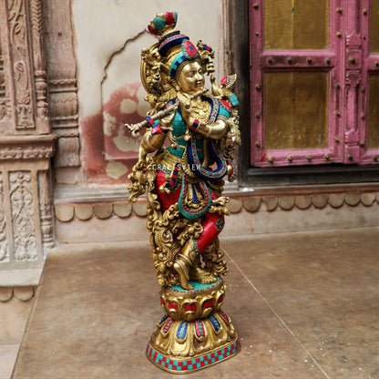 Brass Krishna Statue Stone Work