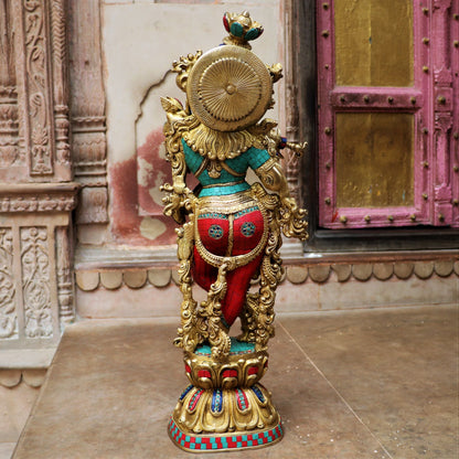 Brass Krishna Statue Stone Work