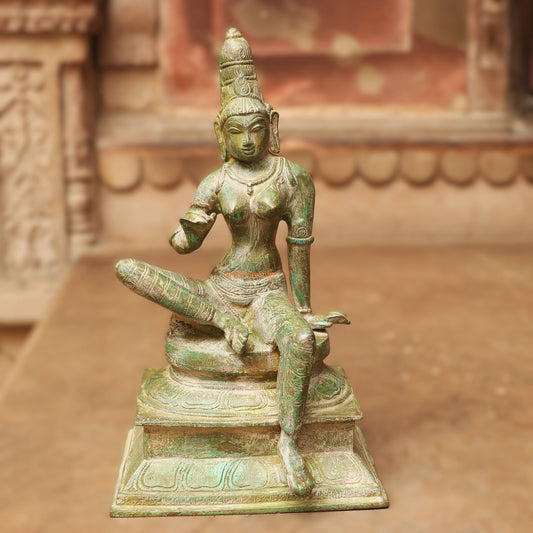 12" Brass Sitting Parvati Statue Vintage Green