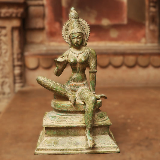 12.5" Brass Sitting Parvati Statue Vintage Green