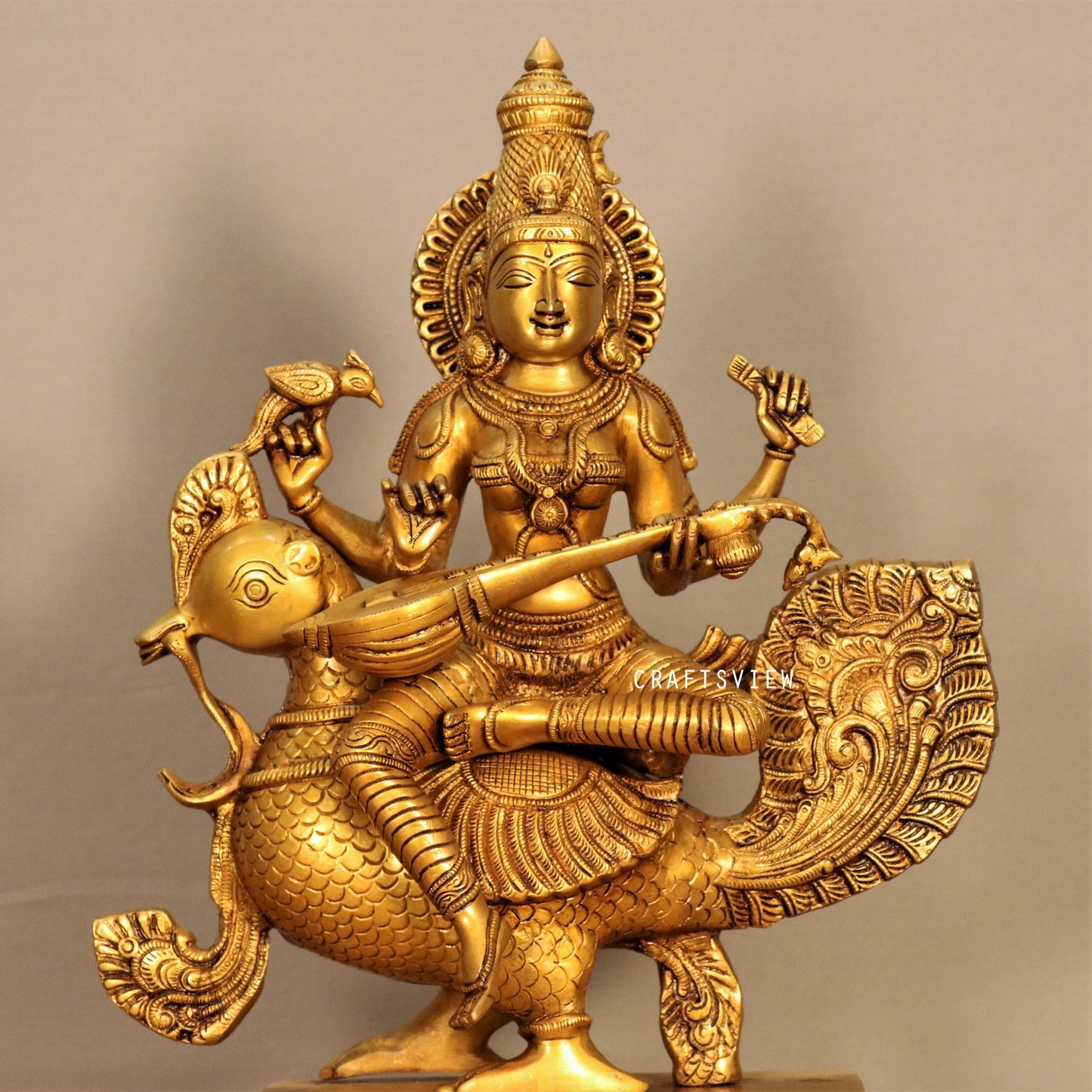 Brass Saraswati Chola Statue Sitting On Peacock