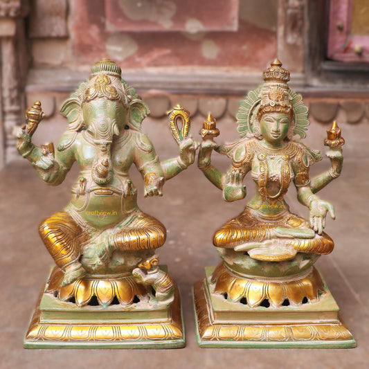 Brass Exquisite Ganesha Lakshmi Idols 2 Pieces Set 12" Craftsview