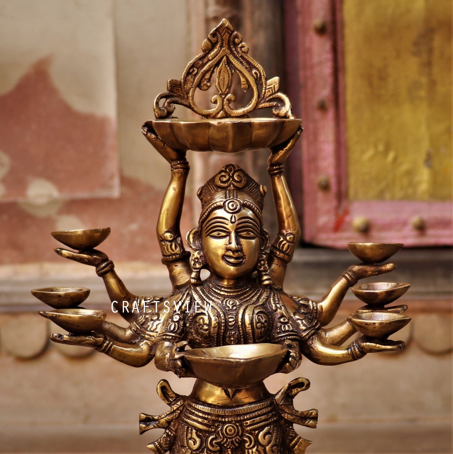 Brass Deep Lakshmi Statue Holding in Deep 16"