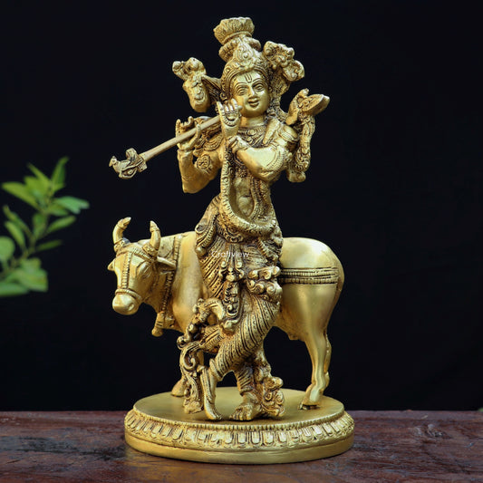 Brass Lord Cow Krishna Statue