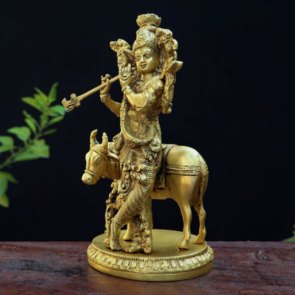 Brass Lord Cow Krishna Statue