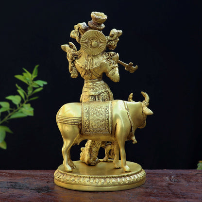 Brass Lord Cow Krishna Statue