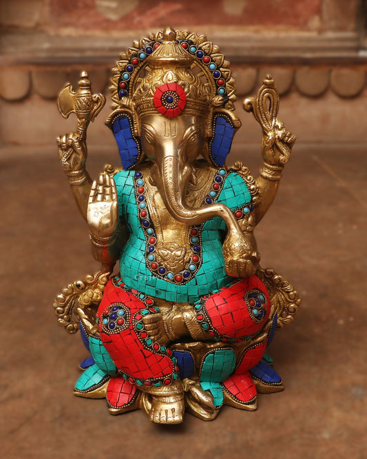 12" Brass Ganesh Statue with Stone Work