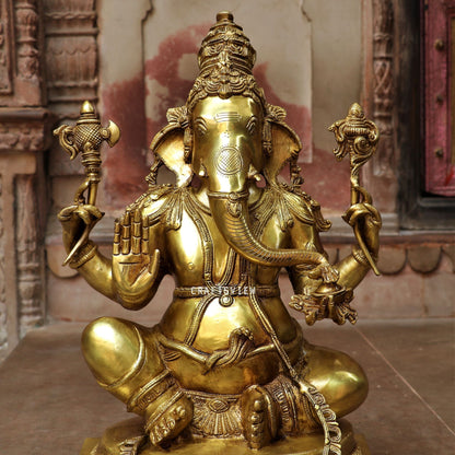 Brass Ganesha Statue Sitting On Floral Base 20"