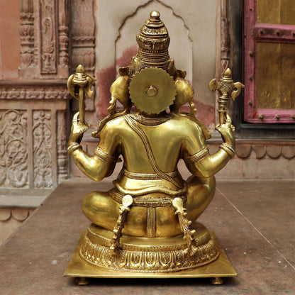 Brass Ganesha Statue Sitting On Floral Base 20"