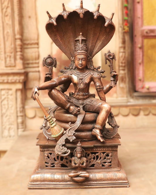 Brass Vintage Lord Vishnu Sculpture with Shesh Naag 28"