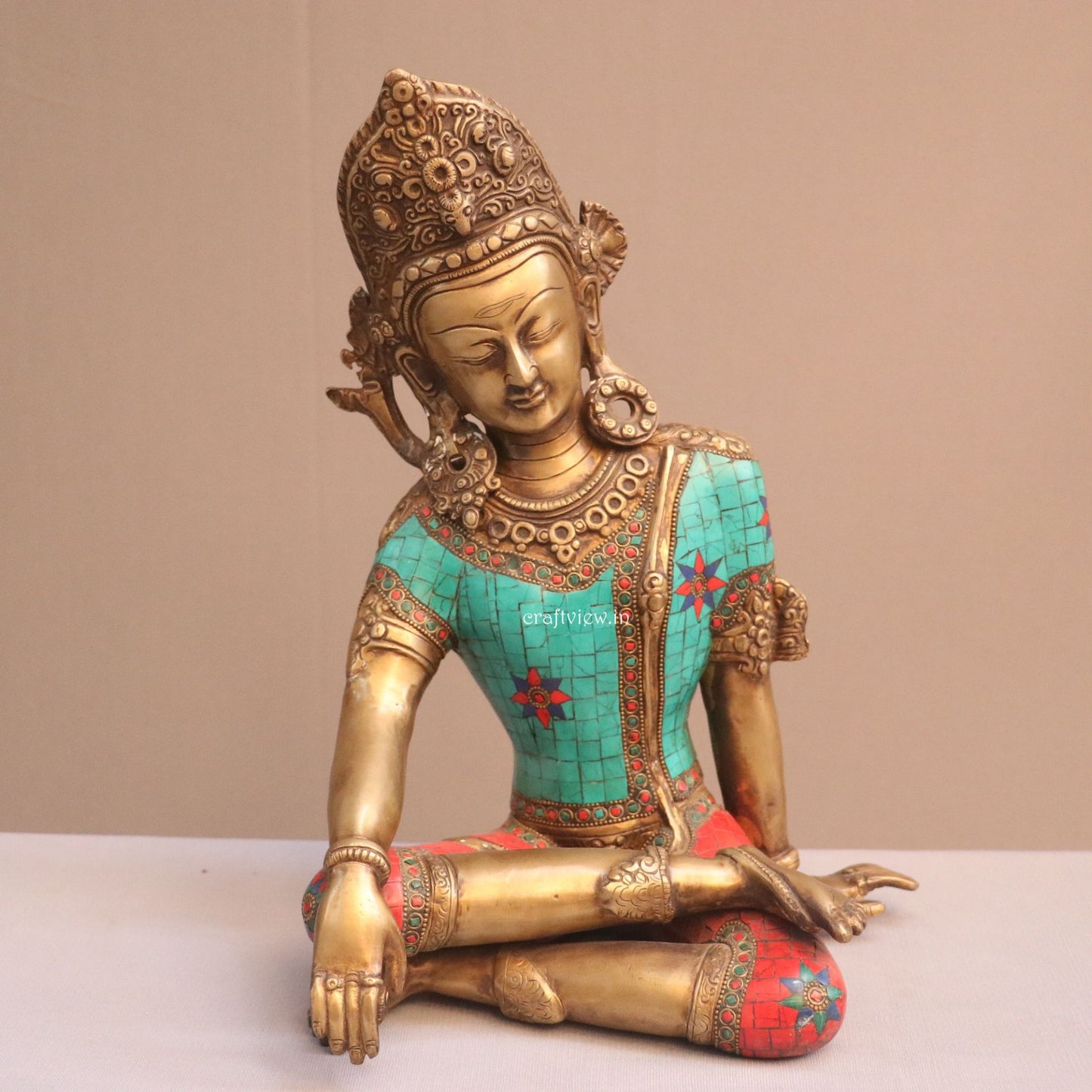 Brass Seated Indra Statue With Multicolor Stone Work