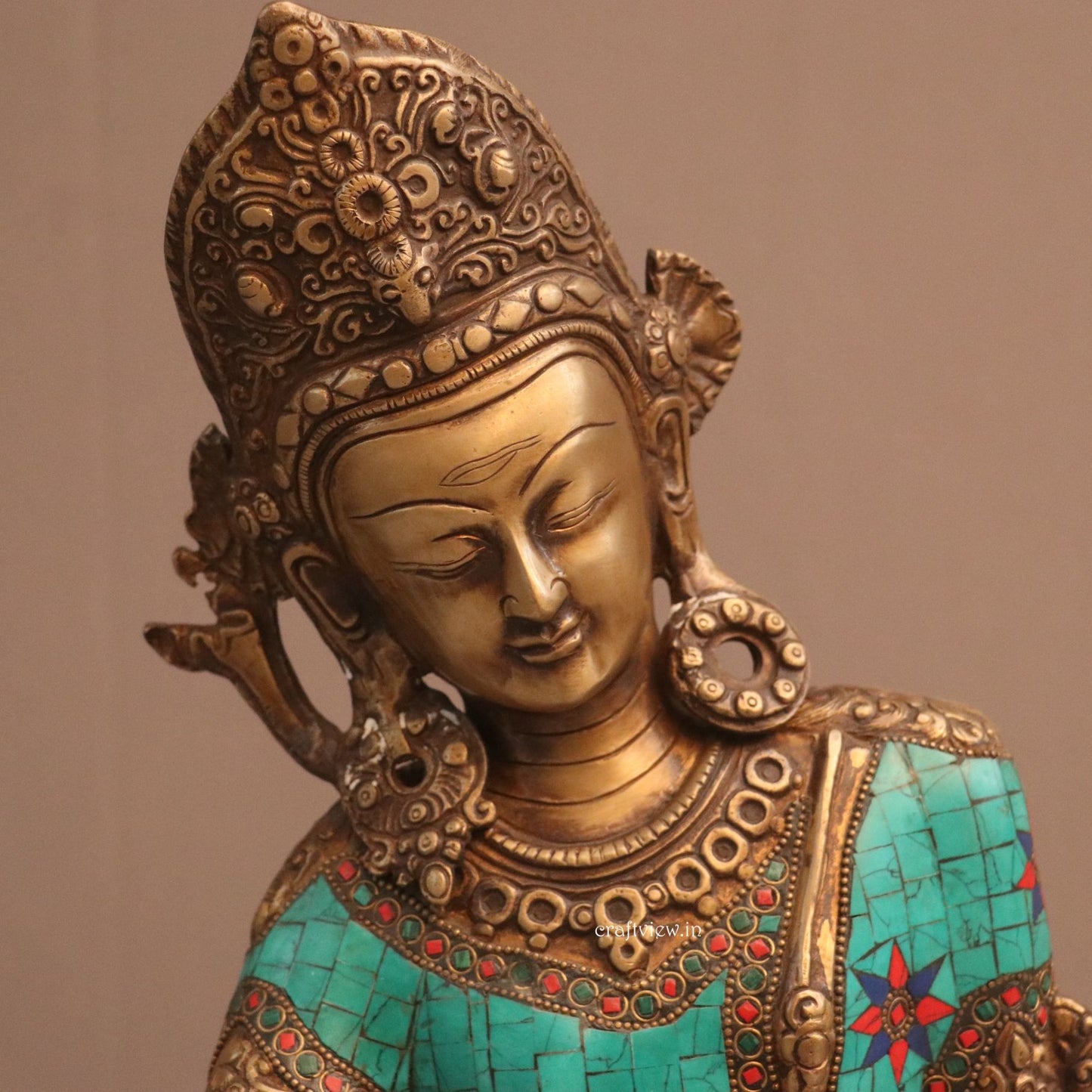 Brass Seated Indra Statue With Multicolor Stone Work