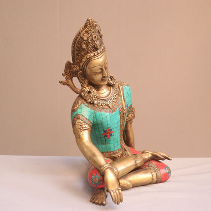 Brass Seated Indra Statue With Multicolor Stone Work