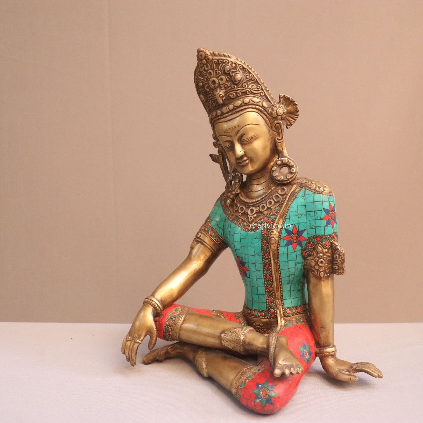 Brass Seated Indra Statue With Multicolor Stone Work