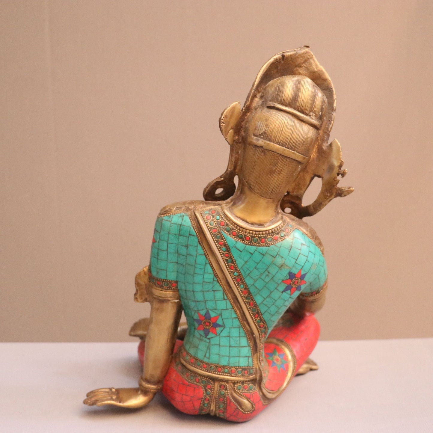 Brass Seated Indra Statue With Multicolor Stone Work