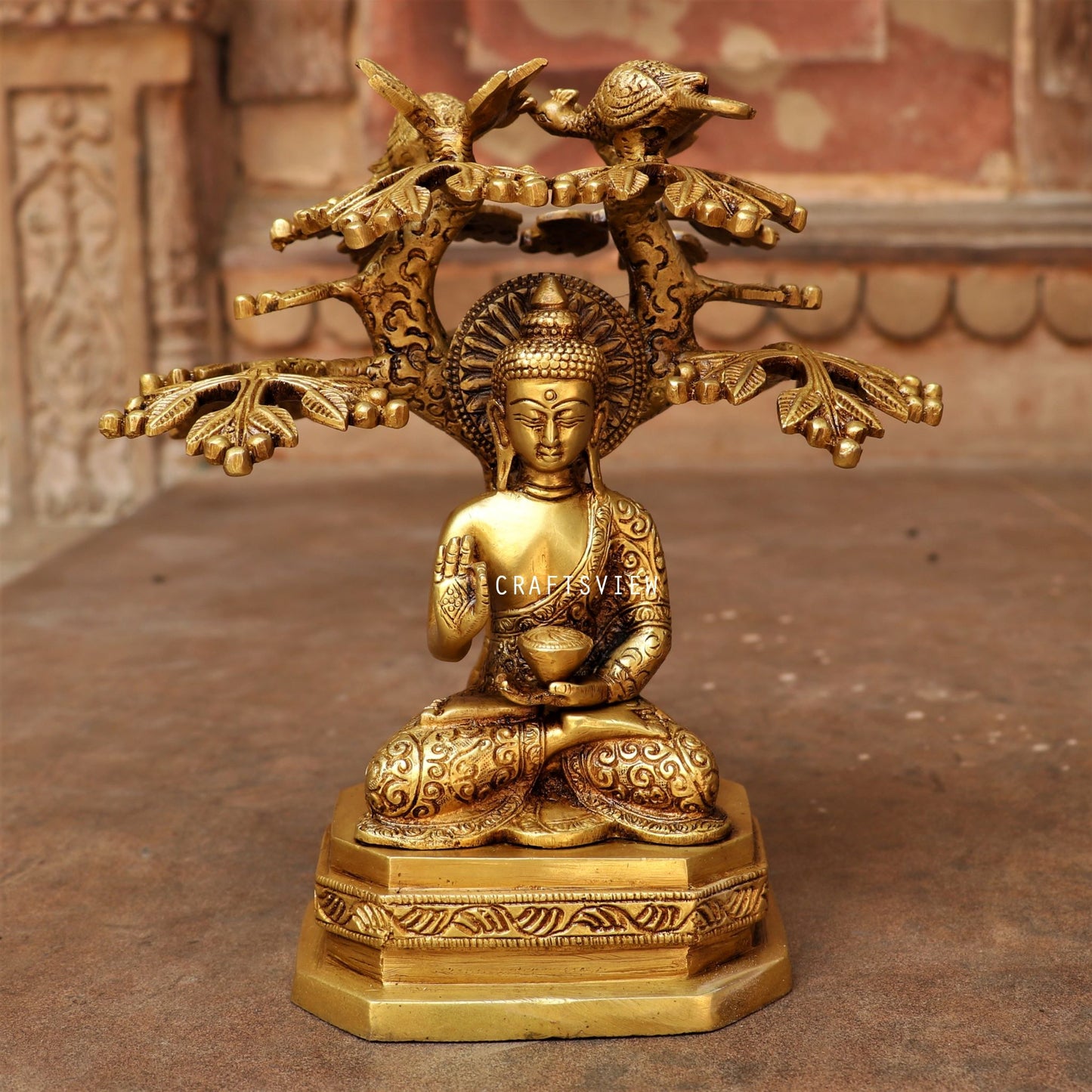 Brass Buddha With Bodhi Tree