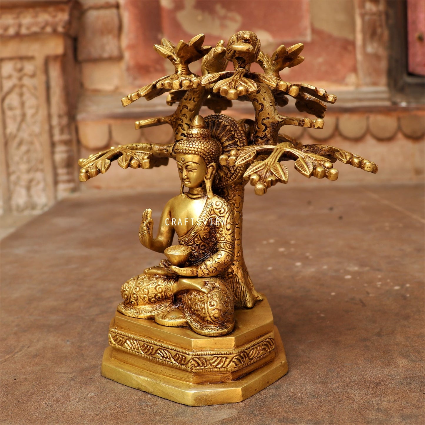 Brass Buddha With Bodhi Tree