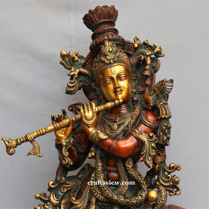 Lord Cow Krishna Sculpture Brass Copper Gold Green Finished 28"