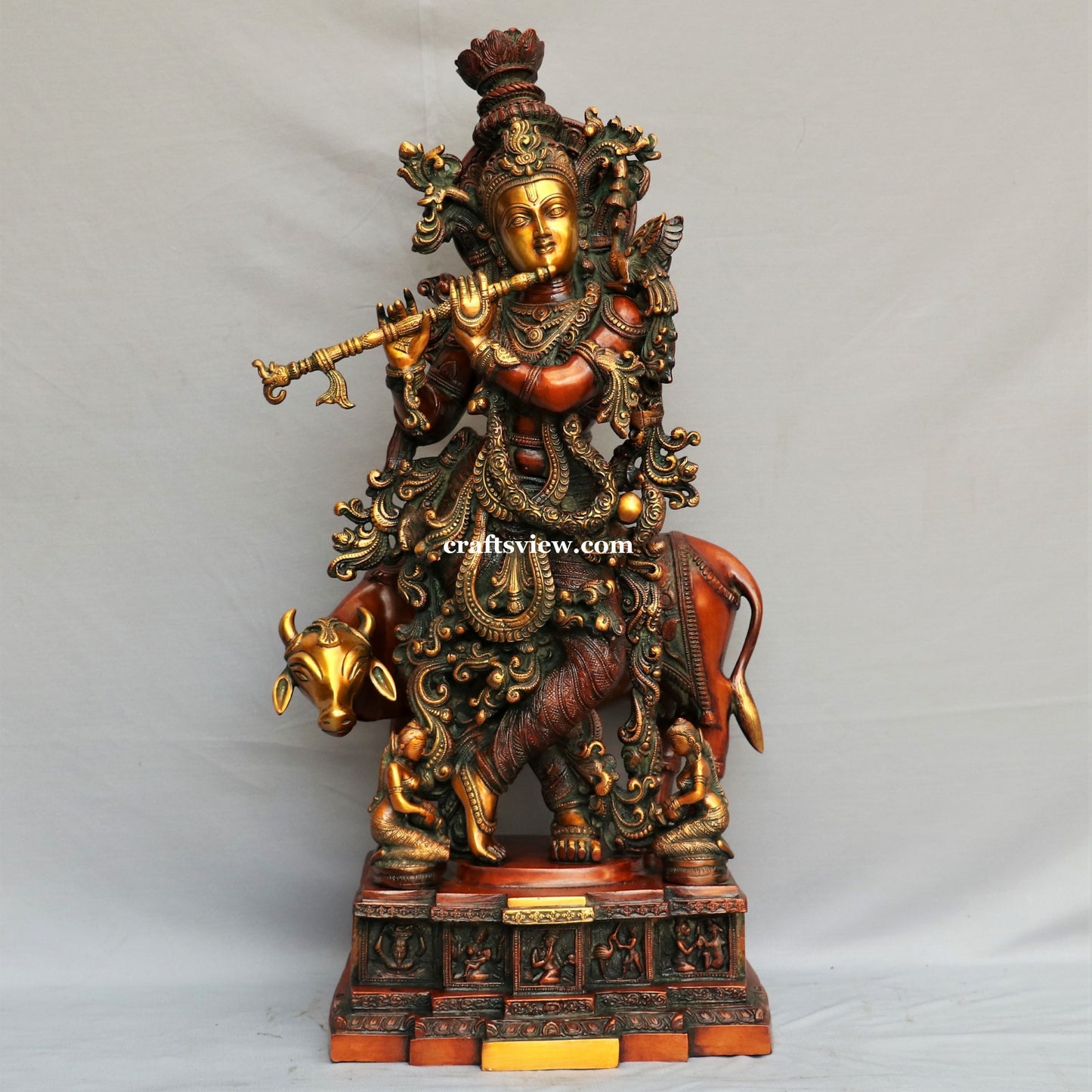 Lord Cow Krishna Sculpture Brass Copper Gold Green Finished 28"