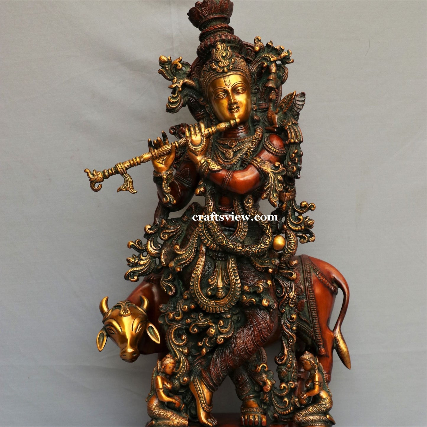 Lord Cow Krishna Sculpture Brass Copper Gold Green Finished 28"