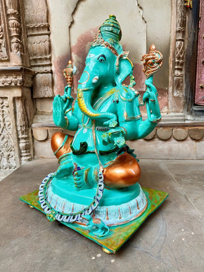 Brass Ganesha Statue Sitting On Floral Base 20" craftsview