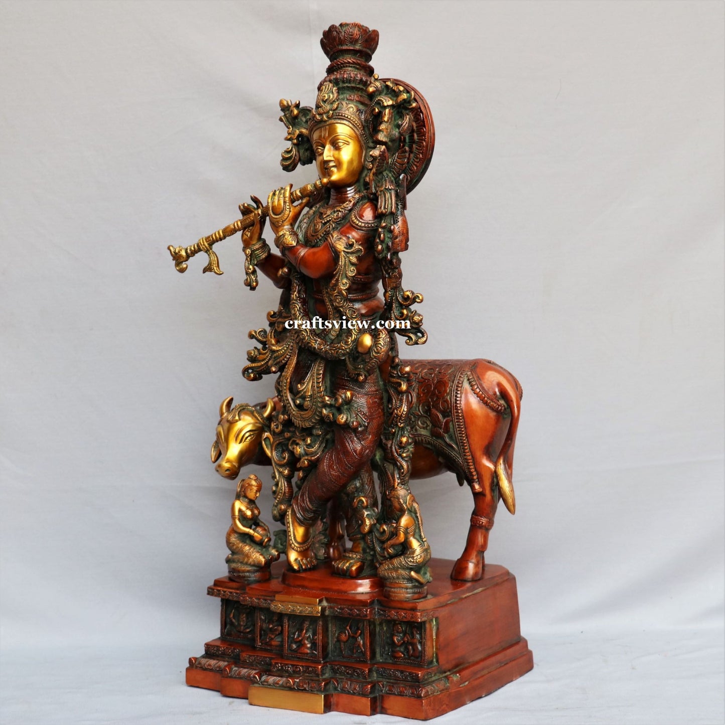 Lord Cow Krishna Sculpture Brass Copper Gold Green Finished 28"