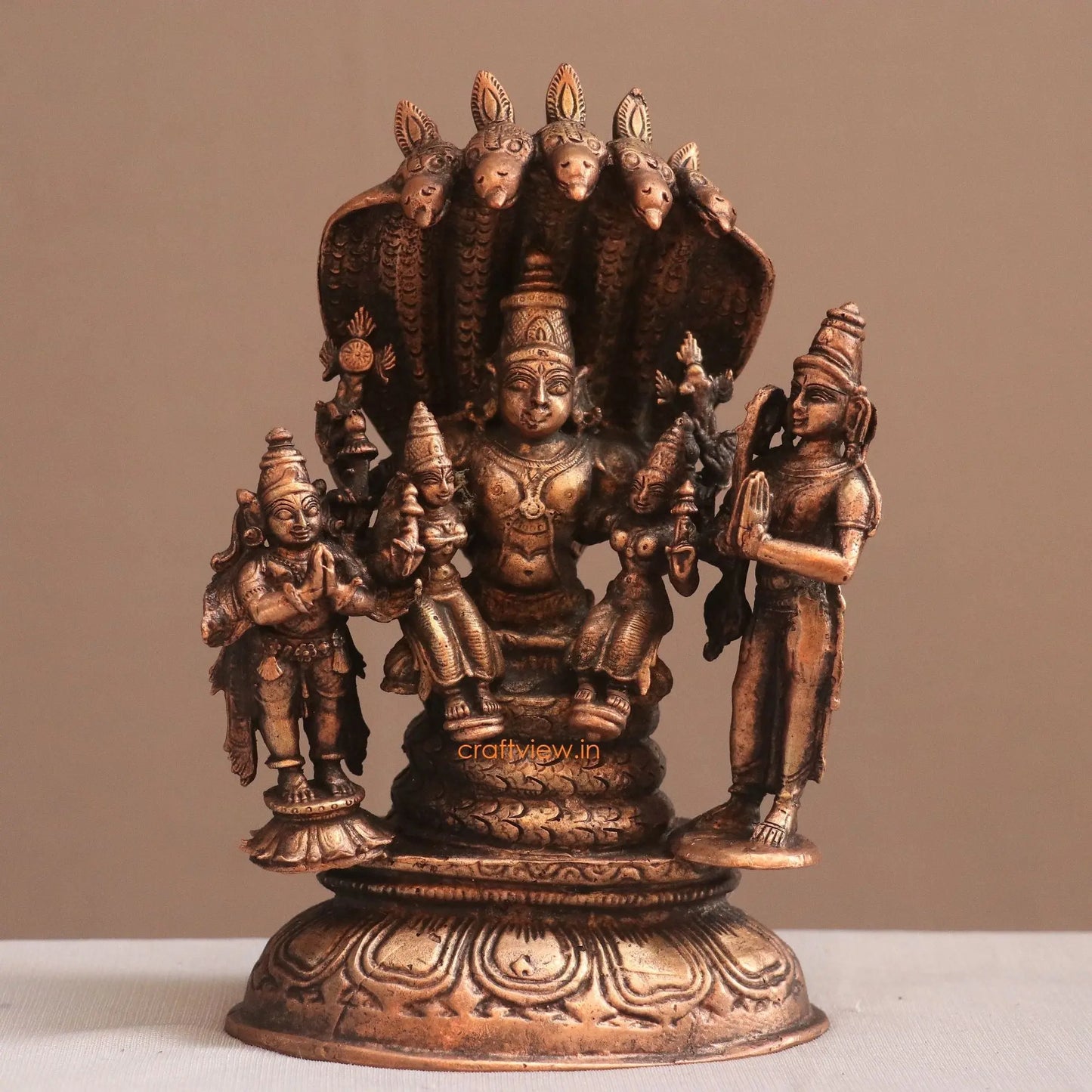 Pure Copper Sitting Vishnu Lakshmi Idol | Fine Craft | 19 CM Craftsview