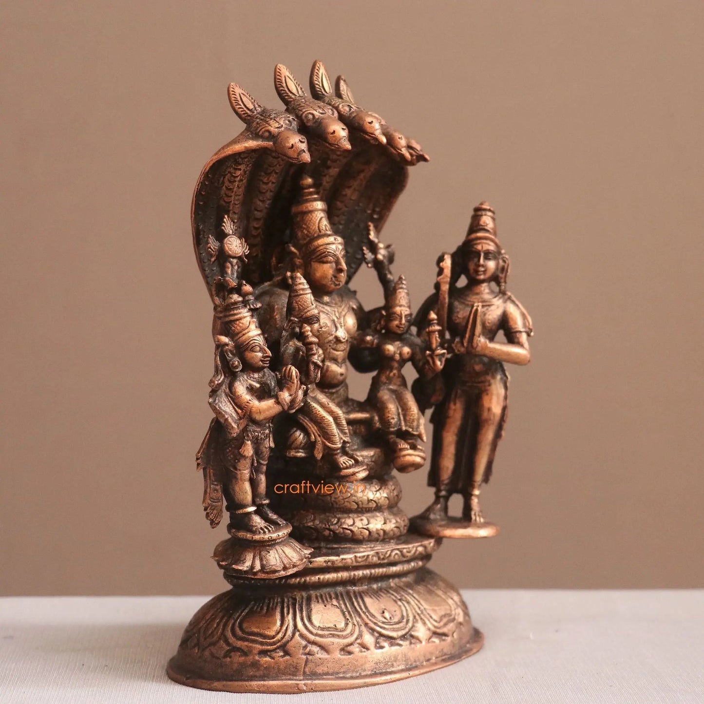 Pure Copper Sitting Vishnu Lakshmi Idol | Fine Craft | 19 CM Craftsview