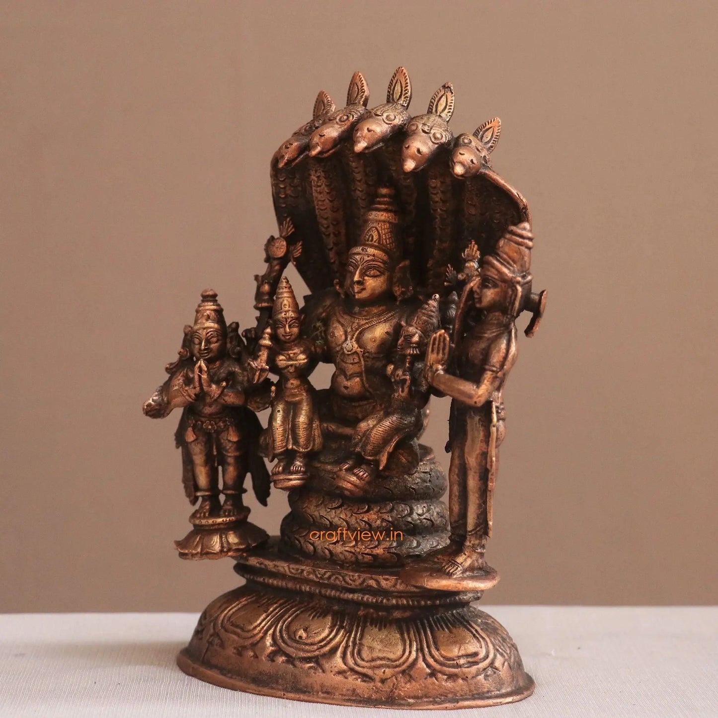 Pure Copper Sitting Vishnu Lakshmi Idol | Fine Craft | 19 CM Craftsview