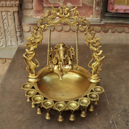 21" Brass Urli Decor with Ganesh jhula 9 wick oil Lamp