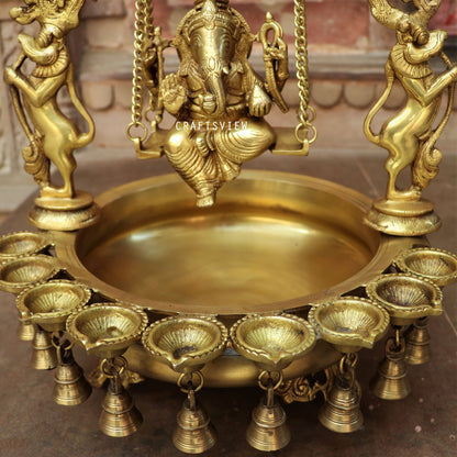 21" Brass Urli Decor with Ganesh jhula 9 wick oil Lamp