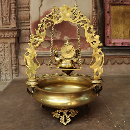 21" Brass Urli Decor with Ganesh jhula 9 wick oil Lamp