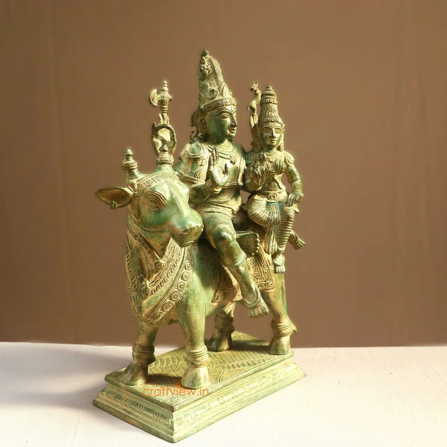 Brass Shiva Parvati Idol Sitting on Nandi Turquoise finished - Craftview