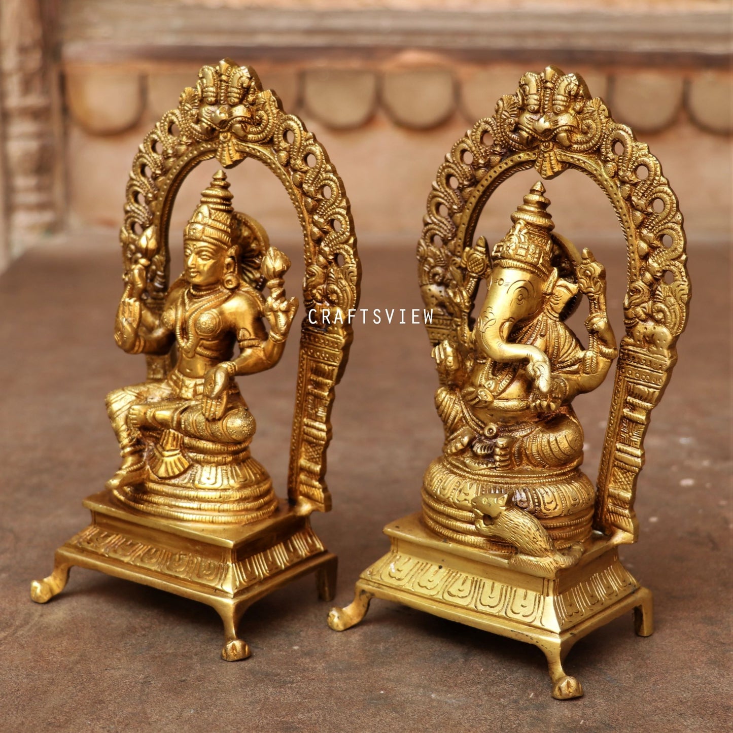 Brass Ganesha Lakshmi Statue 8.5"