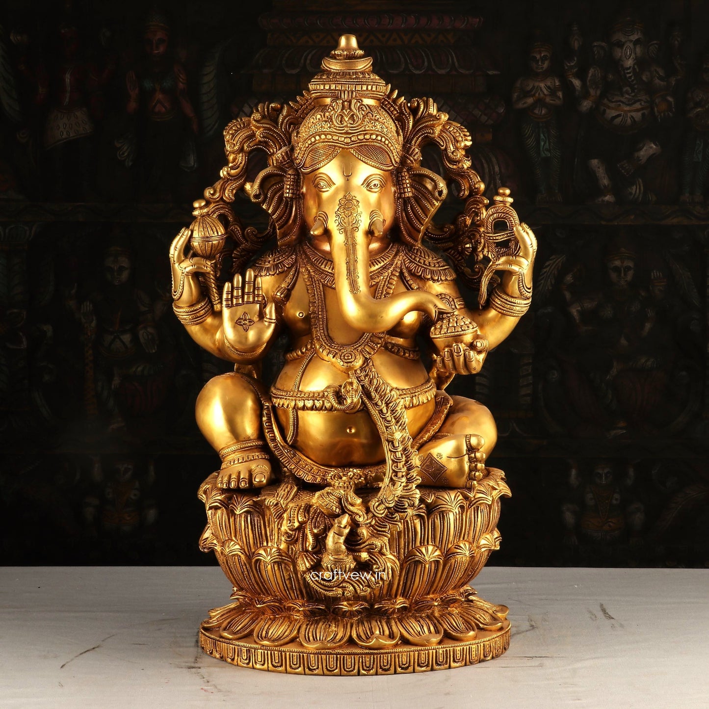 Brass Ganesha Statue Sitting on Lotus Base 24" craftsview