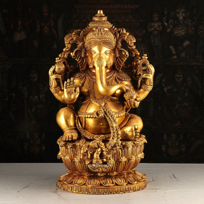 Brass Ganesha Statue Sitting on Lotus Base 24"