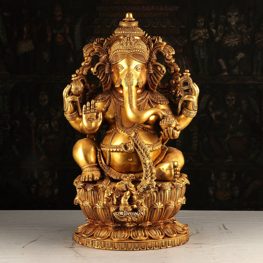 Brass Ganesha Statue Sitting on Lotus Base 24"