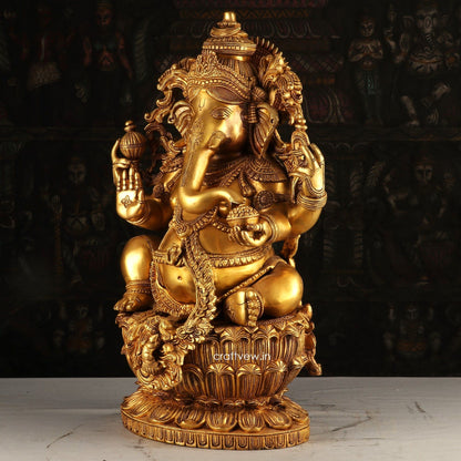 Brass Ganesha Statue Sitting on Lotus Base 24"