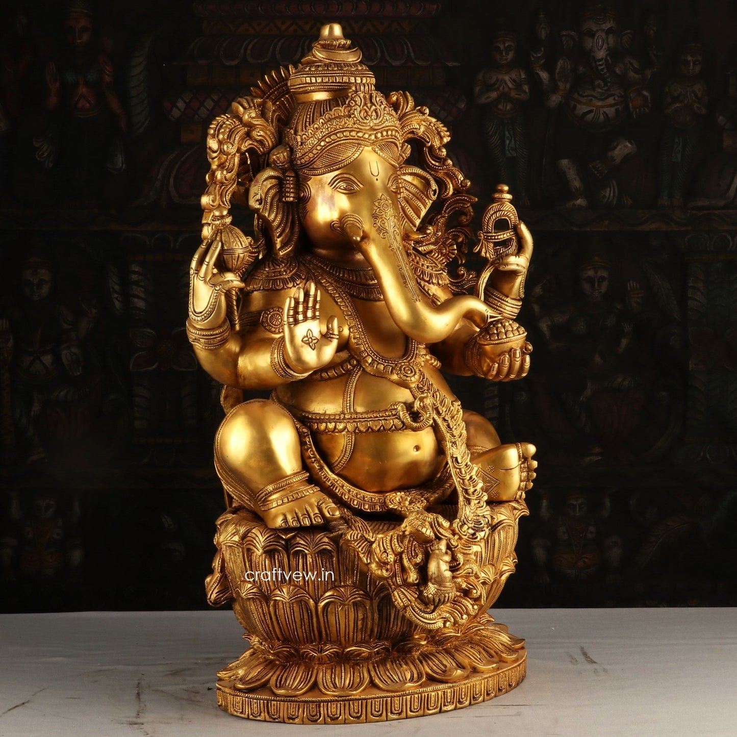 Brass Ganesha Statue Sitting on Lotus Base 24" craftsview