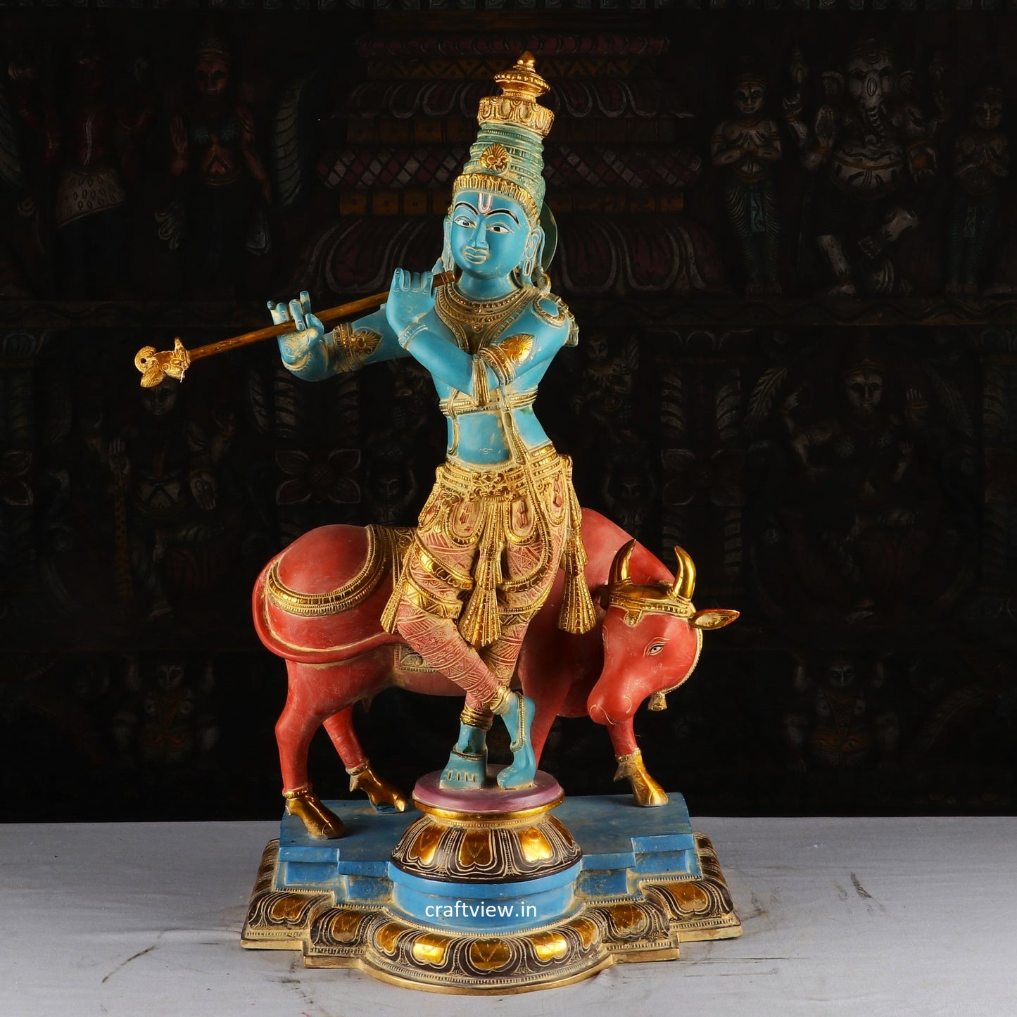 Craftview Lord Krishna With Cow Standing on Base