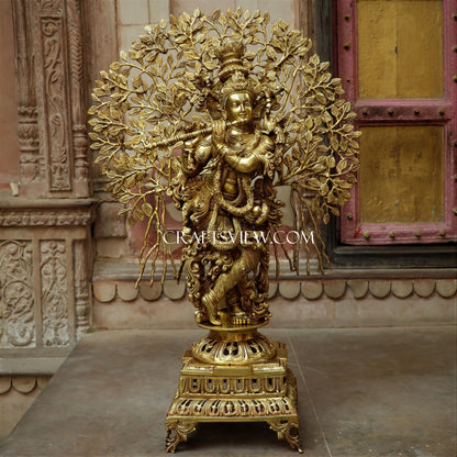 Brass Lord Krishna Statue With Tree