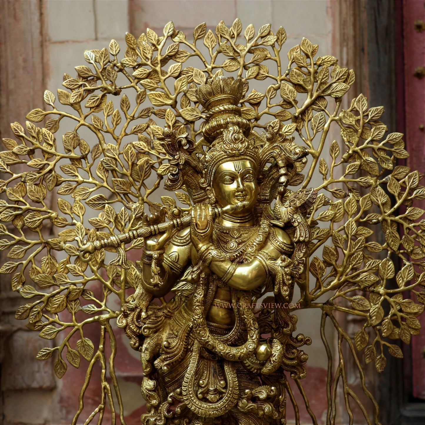 Brass Lord Krishna Statue With Tree