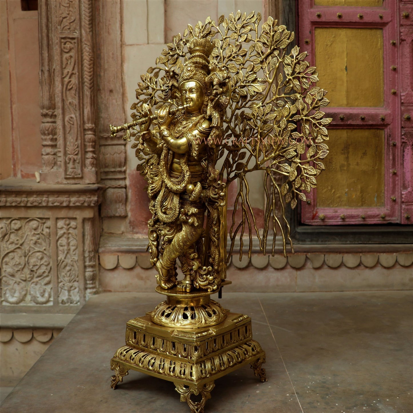 Brass Lord Krishna Statue With Tree