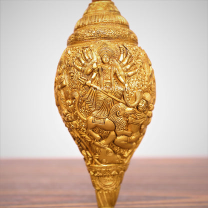 10" Brass Durga Story Carving on Brass Conch Wall Hanging