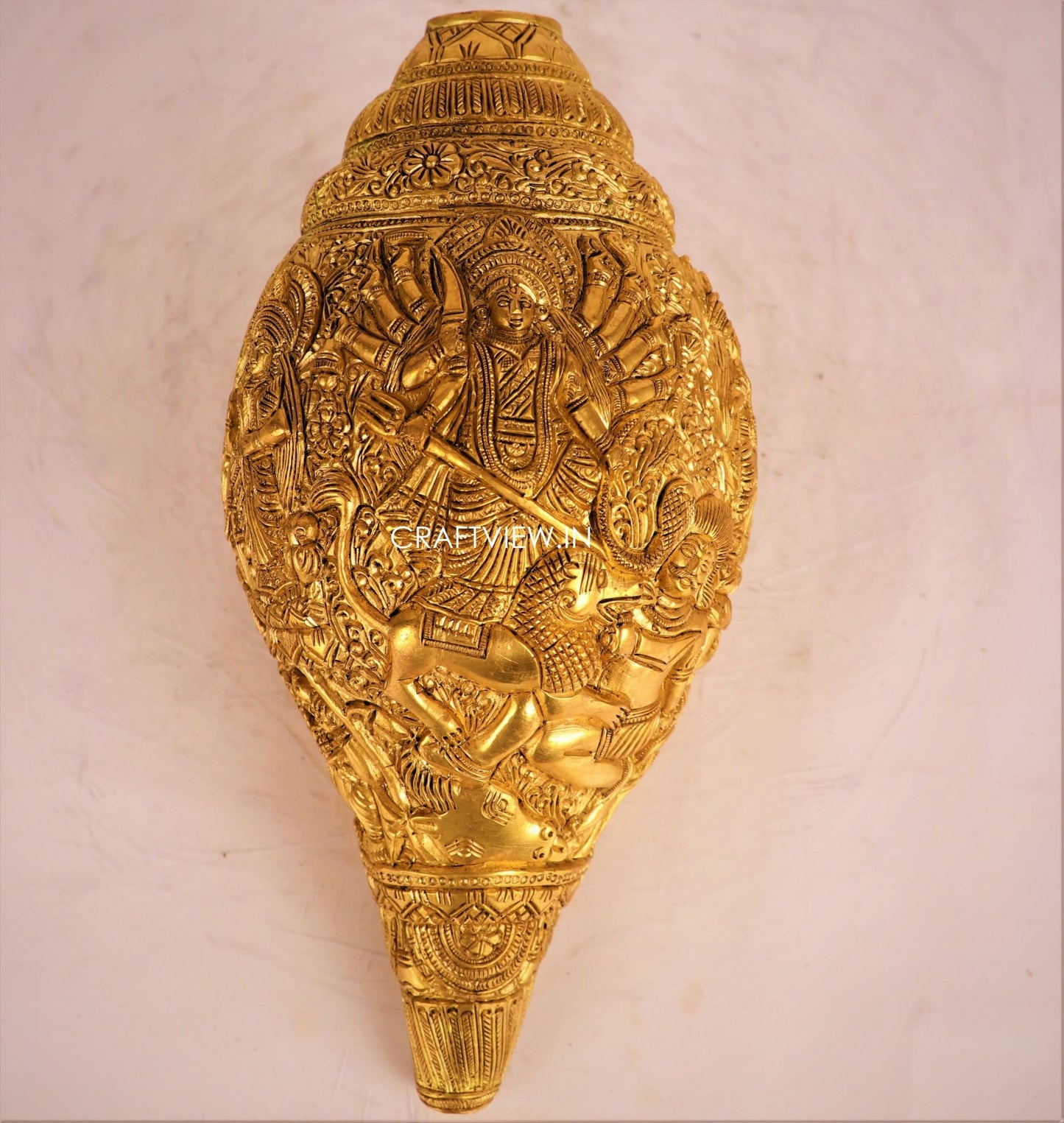 10" Brass Durga Story Carving on Brass Conch Wall Hanging