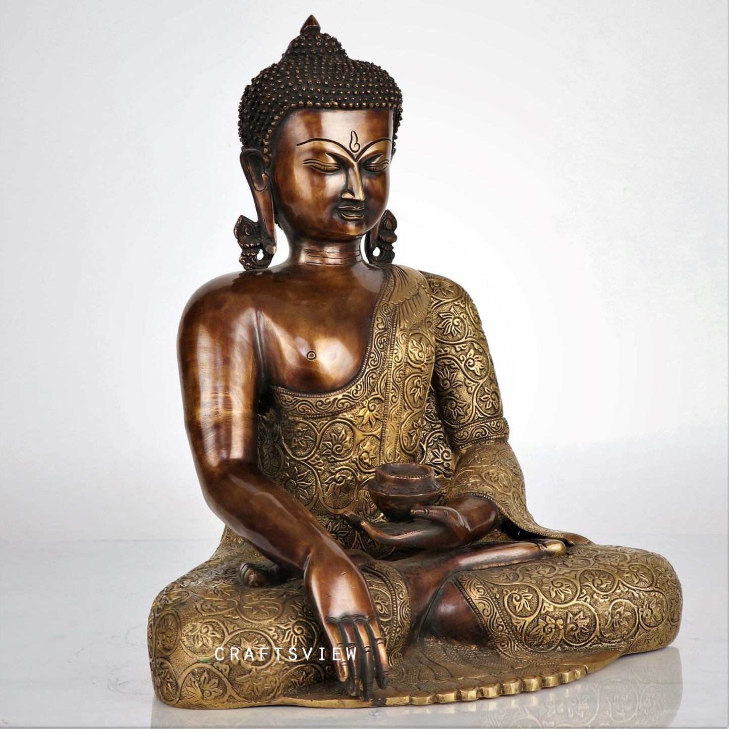 Brass Buddha Meditating Sculpture 17"