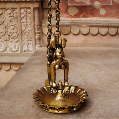 Brass Hanging Yogini Lamp, Oil Lamp Décor Figurine 42"