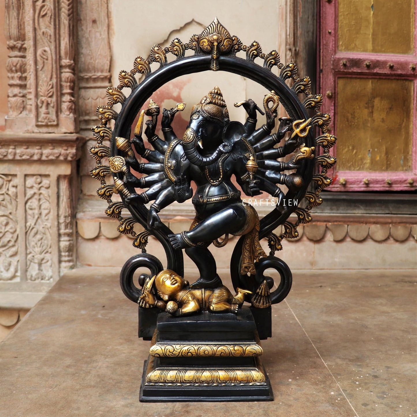 Brass Dancing Lord Ganesha Statue Gold Black 25"