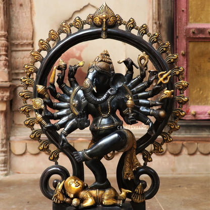 Brass Dancing Lord Ganesha Statue Gold Black 25"